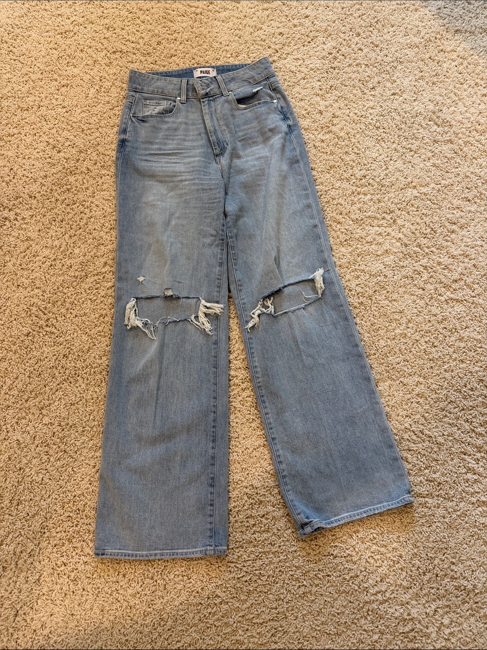 PAIGE Light Blue High-Rise Wide Leg Jeans with Knee Rips